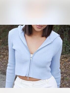 Brandy Melville Light Blue Cropped Zip-Front Hoodie Sweater